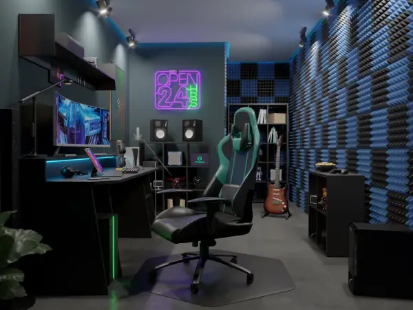 Nowoczesny pokój gamingowy z neonem "OPEN 24h", wygodnym fotelem, biurkiem z komputerem i gitarą elektryczną w tle.