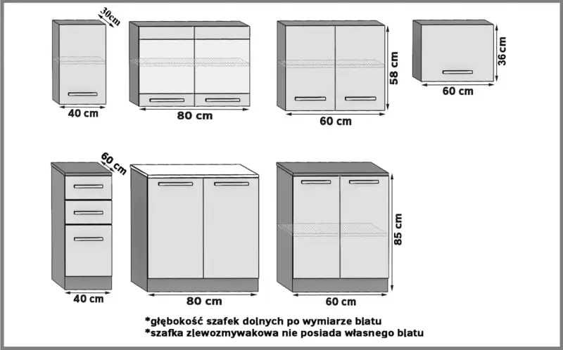 Wymiary szafek kuchennych: górne 30-58 cm wysokości, dolne 85 cm. Standardowa głębokość szafek kuchennych to 60 cm.